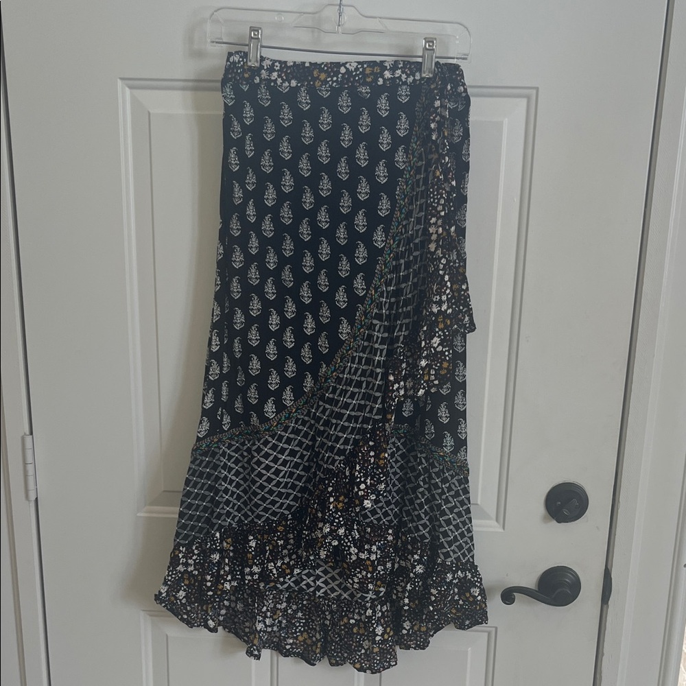 Christian Siriano Bohemian Black White Floral Trim Wrap Skirt Ruffles